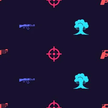 Set Nuclear explosion, Submachine gun, Target sport and Pistol on seamless 스톡 일러스트
