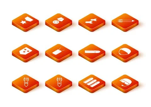 Set Nuclear rocket, Biohazard, Chevron, Military dog tag, Bullet, helmet and Illustrazione stock