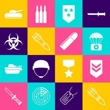 Set Nuclear rocket, Chevron, Parachute with first aid kit, Biohazard, symbol Illustrazione stock