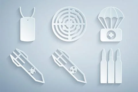 Set Nuclear rocket, Parachute with first aid kit, Biohazard, Bullet, Radar 스톡 일러스트