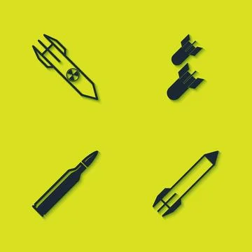 Set Nuclear rocket, Rocket, Bullet and Aviation bomb icon. Vector Stock Illustration