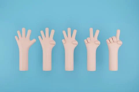 Set of number 1 2 3 4 5 with hand sign on blue sky  background, 3d illustrati Stock Illustration