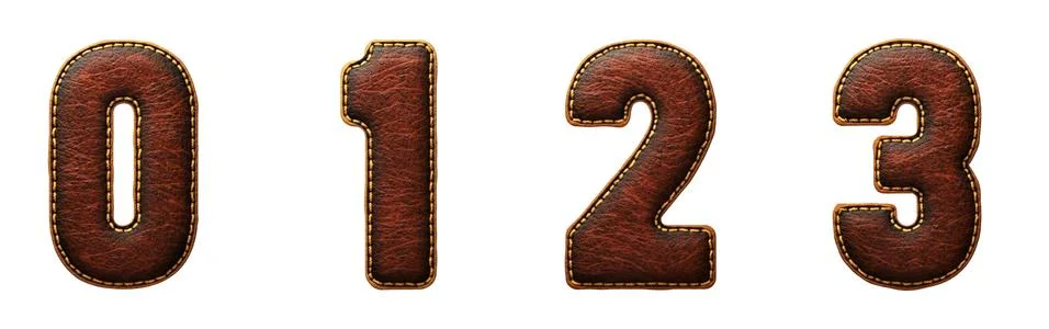 Set of numbers 0, 1, 2, 3 made of leather. 3D render font with skin texture Stock Illustration
