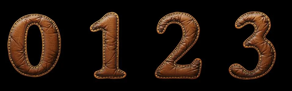 Set of numbers 0, 1, 2, 3 made of leather. 3D render font with skin texture Stock Illustration
