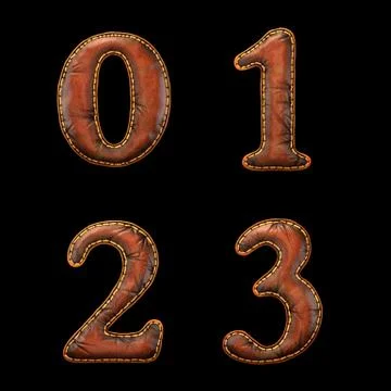 Set of numbers 0, 1, 2, 3 made of leather. 3D render font with skin texture Stock Illustration