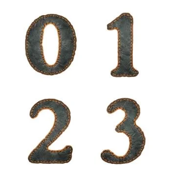 Set of numbers 0, 1, 2, 3 made of leather. 3D render font with skin texture Stock Illustration