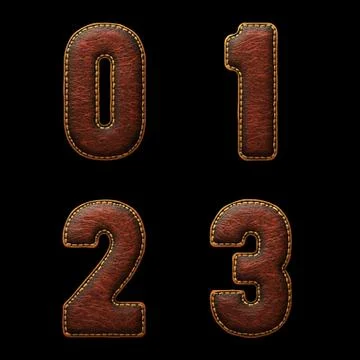 Set of numbers 0, 1, 2, 3 made of leather. 3D render font with skin texture Stock Illustration