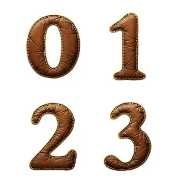 Set of numbers 0, 1, 2, 3 made of leather. 3D render font with skin texture Stock Illustration