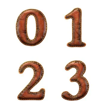 Set of numbers 0, 1, 2, 3 made of leather. 3D render font with skin texture Stock Illustration