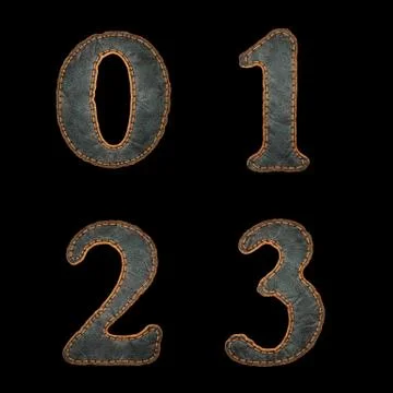 Set of numbers 0, 1, 2, 3 made of leather. 3D render font with skin texture Stock Illustration