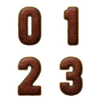 Set of numbers 0, 1, 2, 3 made of leather. 3D render font with skin texture Stock Illustration