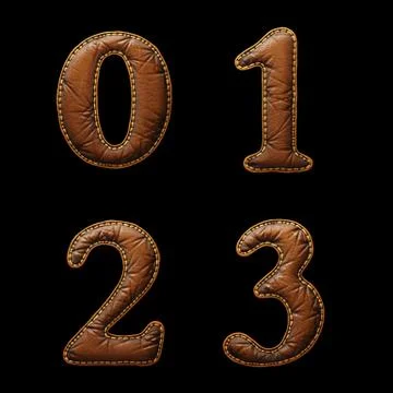Set of numbers 0, 1, 2, 3 made of leather. 3D render font with skin texture Stock Illustration