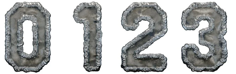 Set of numbers 0, 1, 2, 3 made of industrial metal on white background 3d Illustrazione stock