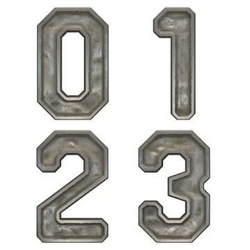 Set of numbers 0, 1, 2, 3 made of industrial metal on white background 3d Stock Illustration