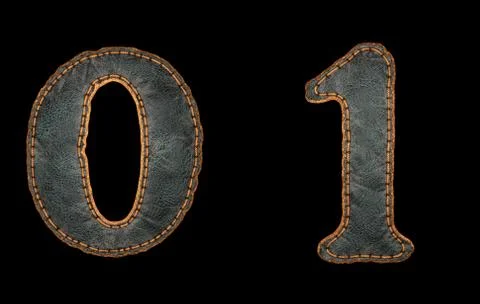 Set of numbers 0, 1 made of leather. 3D render font with skin texture isolated Stock Illustration