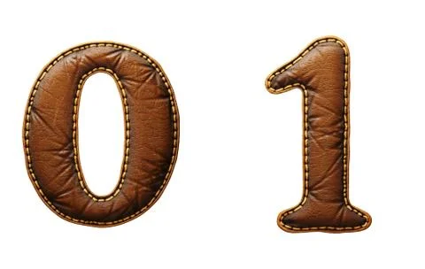 Set of numbers 0, 1 made of leather. 3D render font with skin texture isolated Stock Illustration