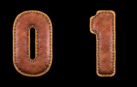 Set of numbers 0, 1 made of leather. 3D render font with skin texture isolated Stock Illustration