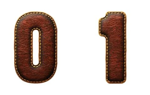 Set of numbers 0, 1 made of leather. 3D render font with skin texture isolated Stock Illustration