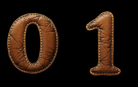 Set of numbers 0, 1 made of leather. 3D render font with skin texture isolated Stock Illustration