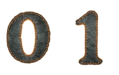 Set of numbers 0, 1 made of leather. 3D render font with skin texture isolated Stock Illustration