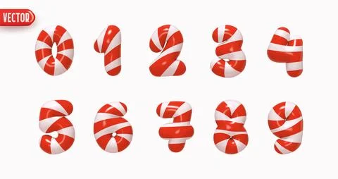 Set of numbers from 0 to 9 in style of Christmas candy cane in realistic 3d.. Stock Illustration