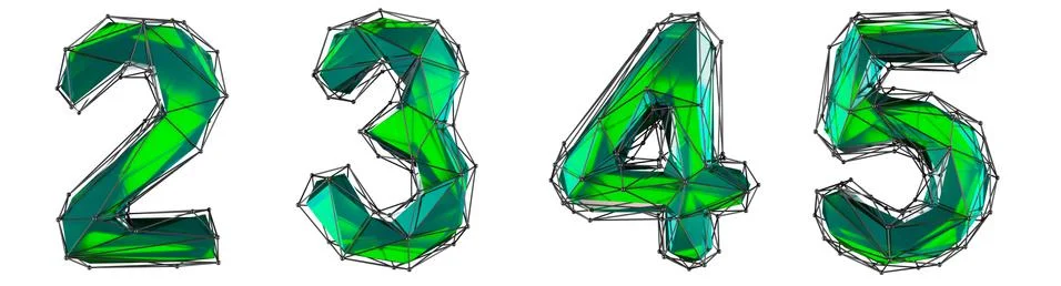 Set of numbers 2, 3, 4, 5 made of green color glass. Ilustração Stock