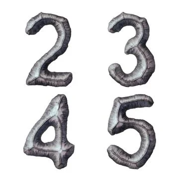 Set of numbers 2, 3, 4, 5 made of forged metal isolated on white background. 3d Stock Illustration