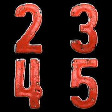 Set of numbers 2, 3, 4, 5 made of red painted metal isolated on black background Ilustração Stock