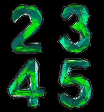 Set of numbers 2, 3, 4, 5 made of green color glass. Illustrazione stock