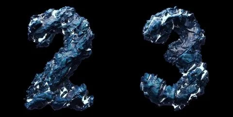 Set of numbers 2, 3 made of ice isolated on black background. 3d Stock Illustration