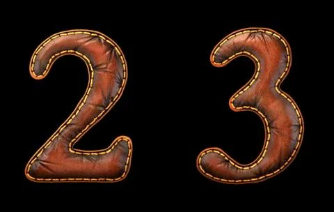 Set of numbers 2, 3 made of leather. 3D render font with skin texture isolated Stock Illustration