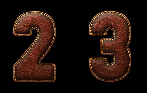Set of numbers 2, 3 made of leather. 3D render font with skin texture isolated Stock Illustration