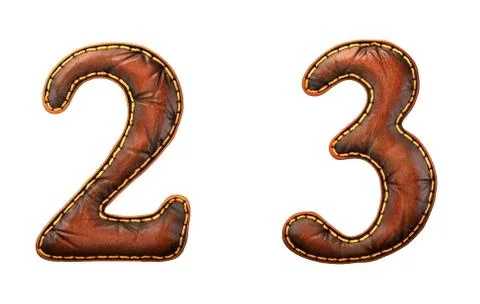 Set of numbers 2, 3 made of leather. 3D render font with skin texture isolated Stock Illustration