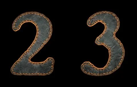 Set of numbers 2, 3 made of leather. 3D render font with skin texture isolated Stock Illustration