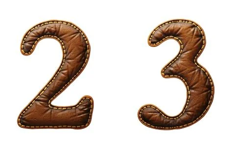 Set of numbers 2, 3 made of leather. 3D render font with skin texture isolated Stock Illustration