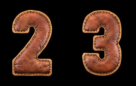 Set of numbers 2, 3 made of leather. 3D render font with skin texture isolated Stock Illustration