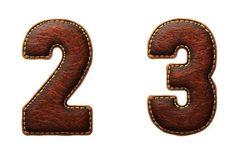 Set of numbers 2, 3 made of leather. 3D render font with skin texture isolated Stock Illustration