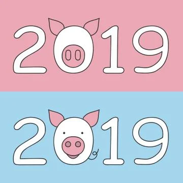 Set of numbers 2019 with cartoon muzzle piggy Stock Illustration