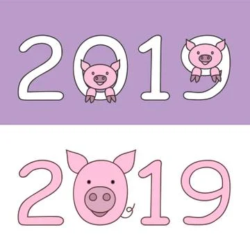 Set of numbers 2019 with cartoon muzzle piggy 2 Stock Illustration