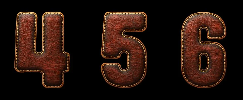 Set of numbers 4, 5, 6, made of leather. 3D render font with skin texture Stock Illustration