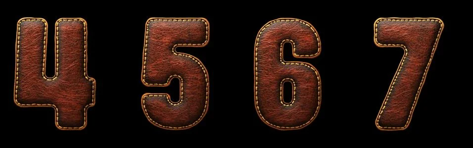 Set of numbers 4, 5, 6, 7 made of leather. 3D render font with skin texture Stock Illustration