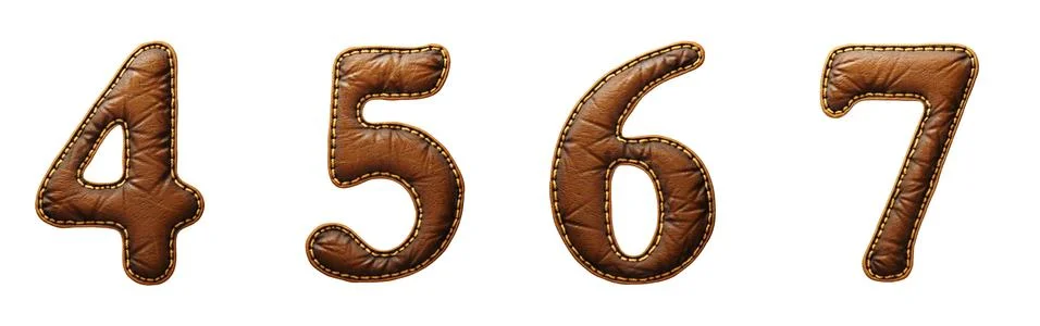 Set of numbers 4, 5, 6, 7 made of leather. 3D render font with skin texture Stock Illustration