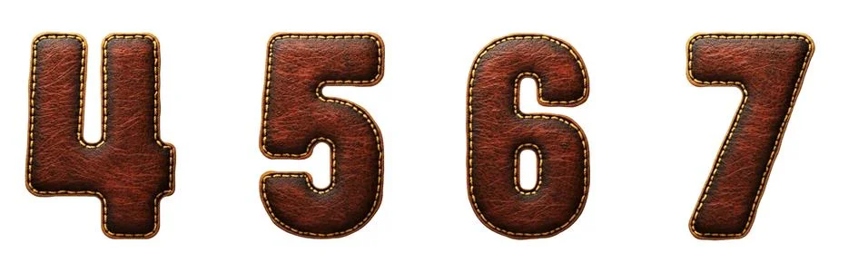 Set of numbers 4, 5, 6, 7 made of leather. 3D render font with skin texture Stock Illustration