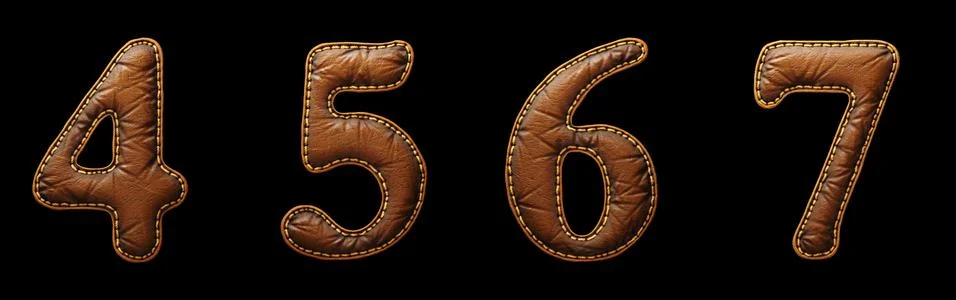 Set of numbers 4, 5, 6, 7 made of leather. 3D render font with skin texture Stock Illustration