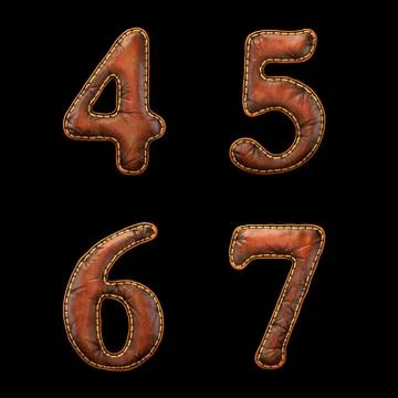 Set of numbers 4, 5, 6, 7 made of leather. 3D render font with skin texture Stock Illustration