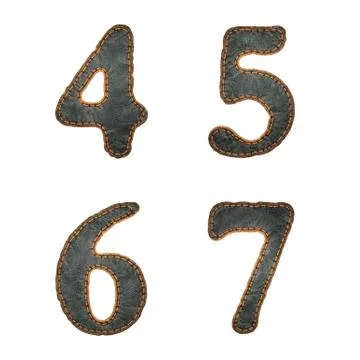 Set of numbers 4, 5, 6, 7 made of leather. 3D render font with skin texture Stock Illustration