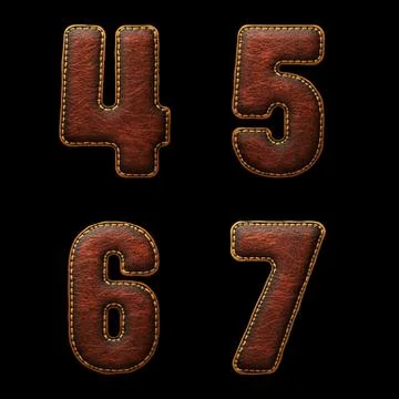 Set of numbers 4, 5, 6, 7 made of leather. 3D render font with skin texture Stock Illustration