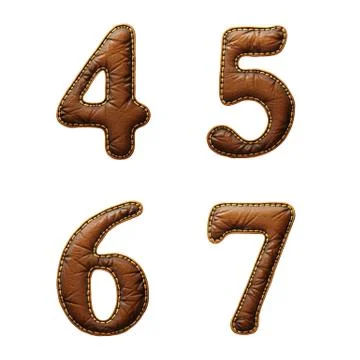 Set of numbers 4, 5, 6, 7 made of leather. 3D render font with skin texture Stock Illustration