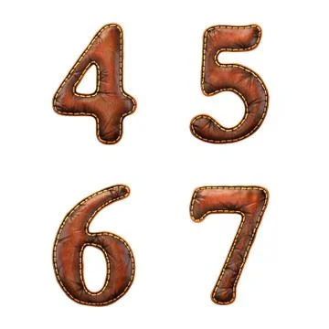 Set of numbers 4, 5, 6, 7 made of leather. 3D render font with skin texture Stock Illustration