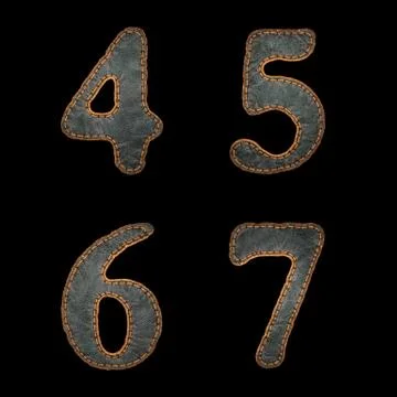 Set of numbers 4, 5, 6, 7 made of leather. 3D render font with skin texture Stock Illustration